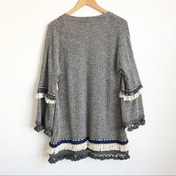 SHEIN Grey Marled Knit Embroidered Tassel Cardigan - Picture 4 of 7